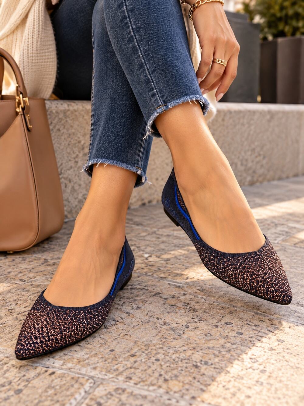 Rothy's Midnight Metallic pointed flats rose-gold-to-navy ombré sparkle knit
